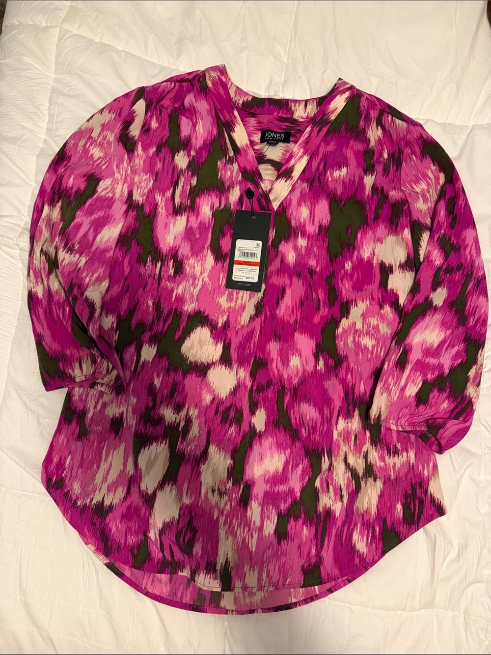 Jones New York Fuchsia Multi-Print V-Neck Blouse